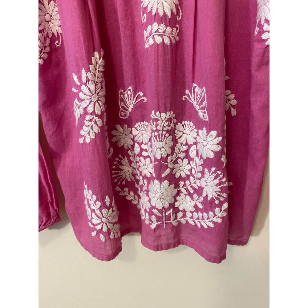 Boho Embroidered Blouse Pink Floral Cottagecore Peasant Top Womens M - Picture 7 of 13
